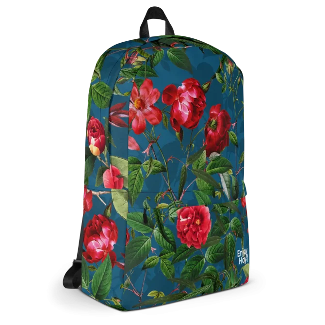 Mochila de rosas vista en ángulo de 3/4 mostrando diseño floral completo – EnjoyHoy;)