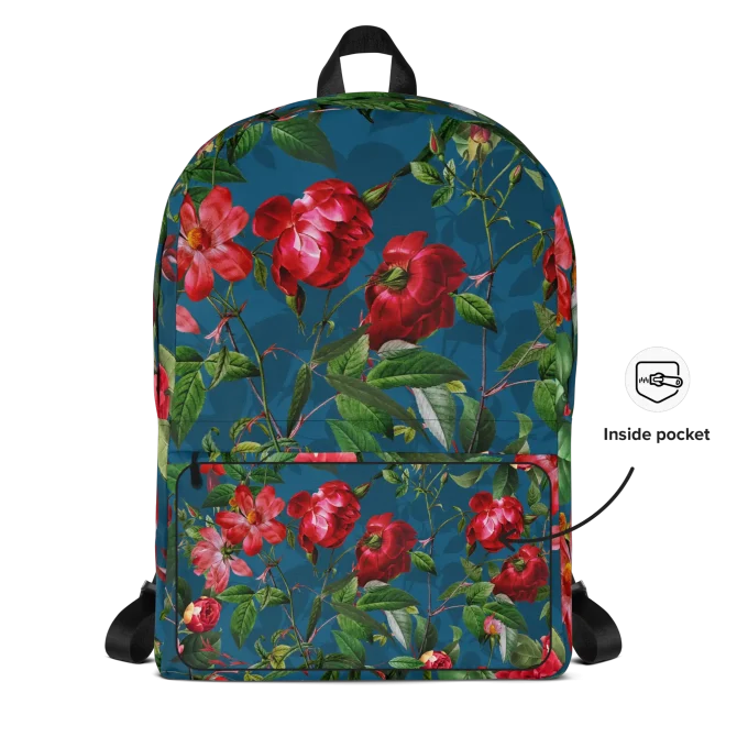 Mochila de rosas de frente destacando estampado floral con logo EnjoyHoy;)