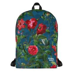 Mochila de rosas vista de frente con estampado floral en tonos rojos y verdes – EnjoyHoy;)