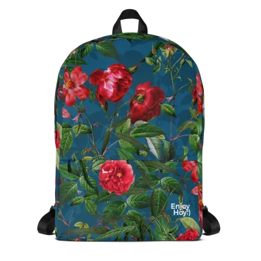 Mochila de rosas vista de frente con estampado floral en tonos rojos y verdes – EnjoyHoy;)