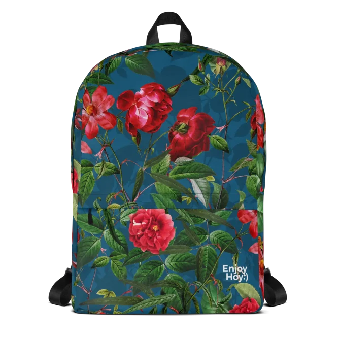 Mochila de rosas vista de frente con estampado floral en tonos rojos y verdes – EnjoyHoy;)