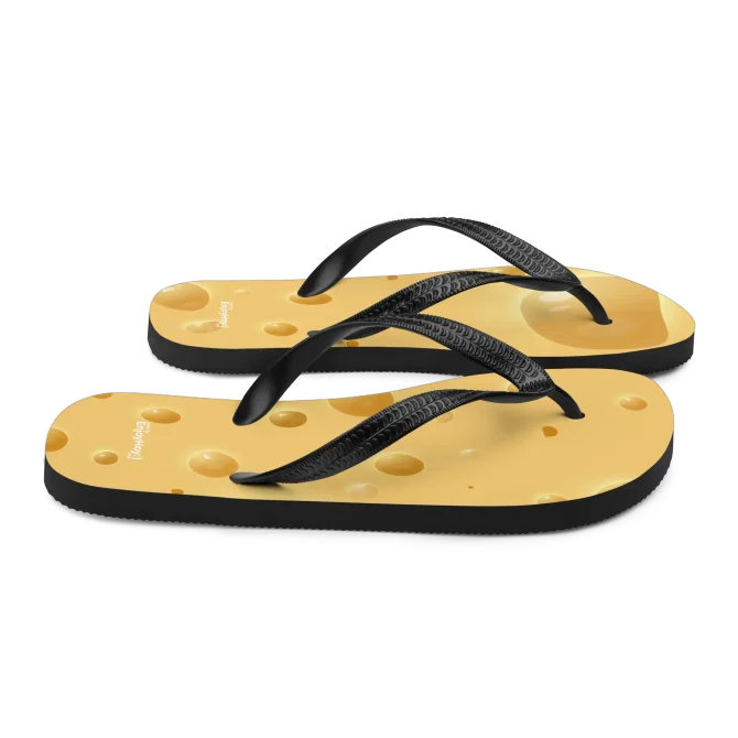 Vista lateral de las chanclas de queso Gruyere en detalle.