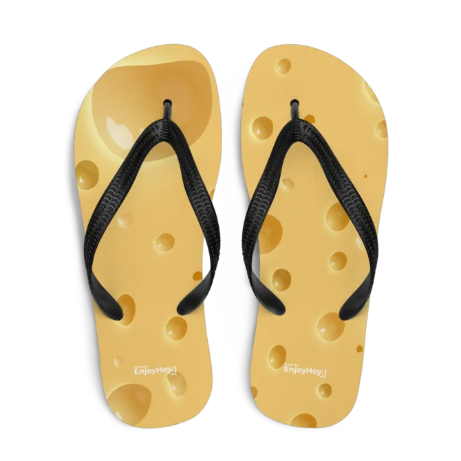 Vista superior de las chanclas de queso Gruyere mostrando el estampado completo.