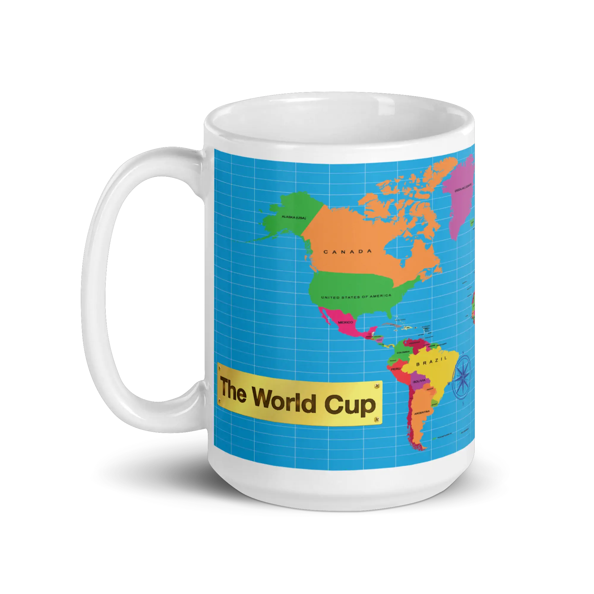 Taza The World Cup de cerámica con mapamundi a color y placa dorada al frente – EnjoyHoy;)