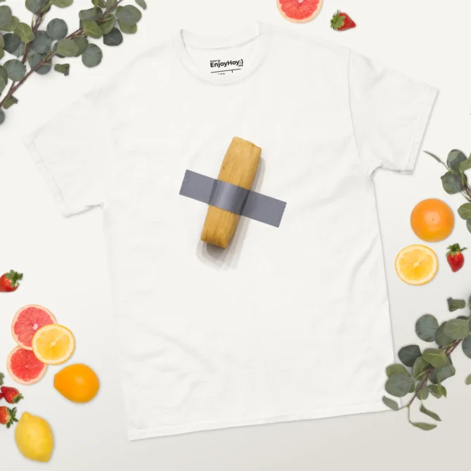 Camiseta El arte es tamal extendida sobre superficie blanca vista desde arriba.