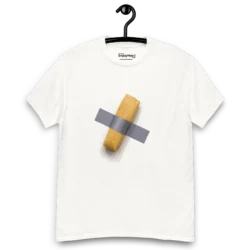 Camiseta El arte es tamal blanca en gancho – diseño irónico con tamal y cinta.