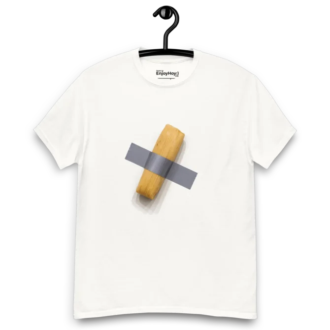Camiseta El arte es tamal blanca en gancho – diseño irónico con tamal y cinta.