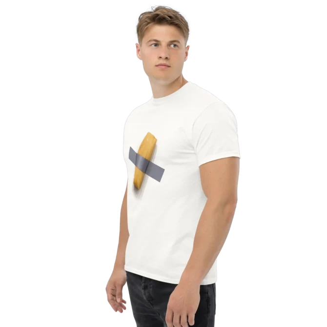 Joven de perfil 3/4 luciendo camiseta El arte es tamal urbana.