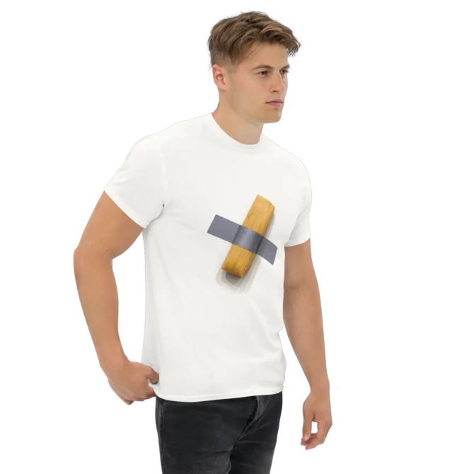 Chico usando camiseta El arte es tamal con estilo sarcástico.