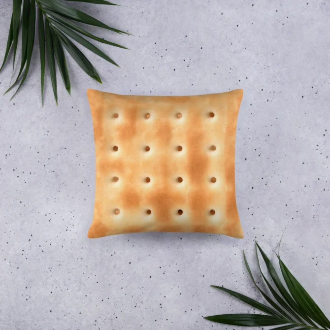 Cojín galleta salada sobre fondo gris con decoración tropical.