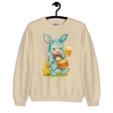 Sudadera color crema con diseño de conejito azul tocando tambor y sosteniendo una cerveza.