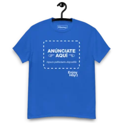 Camiseta emprendedor azul con texto “Anúnciate aquí” y recuadro punteado estilo espacio publicitario