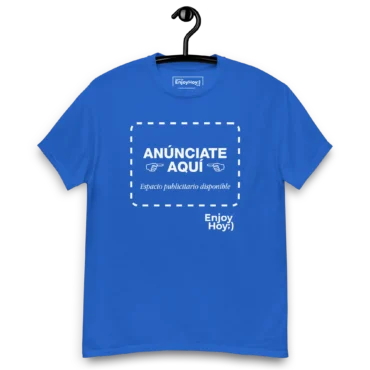 Camiseta emprendedor azul con texto “Anúnciate aquí” y recuadro punteado estilo espacio publicitario