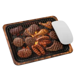 Detalle de mouse pad carnita asada mostrando parrilla y fuego