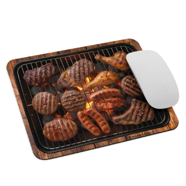 Detalle de mouse pad carnita asada mostrando parrilla y fuego