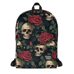 Mochila roquera regreso a clases Back to Skull and Roses de EnjoyHoy con diseño de calaveras y rosas, vista frontal.