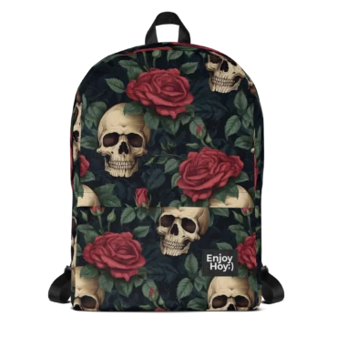 Mochila roquera regreso a clases Back to Skull and Roses de EnjoyHoy con diseño de calaveras y rosas, vista frontal.