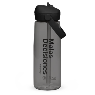 Botella de agua Malas Decisiones de frente mostrando el diseño impreso completo – EnjoyHoy;)