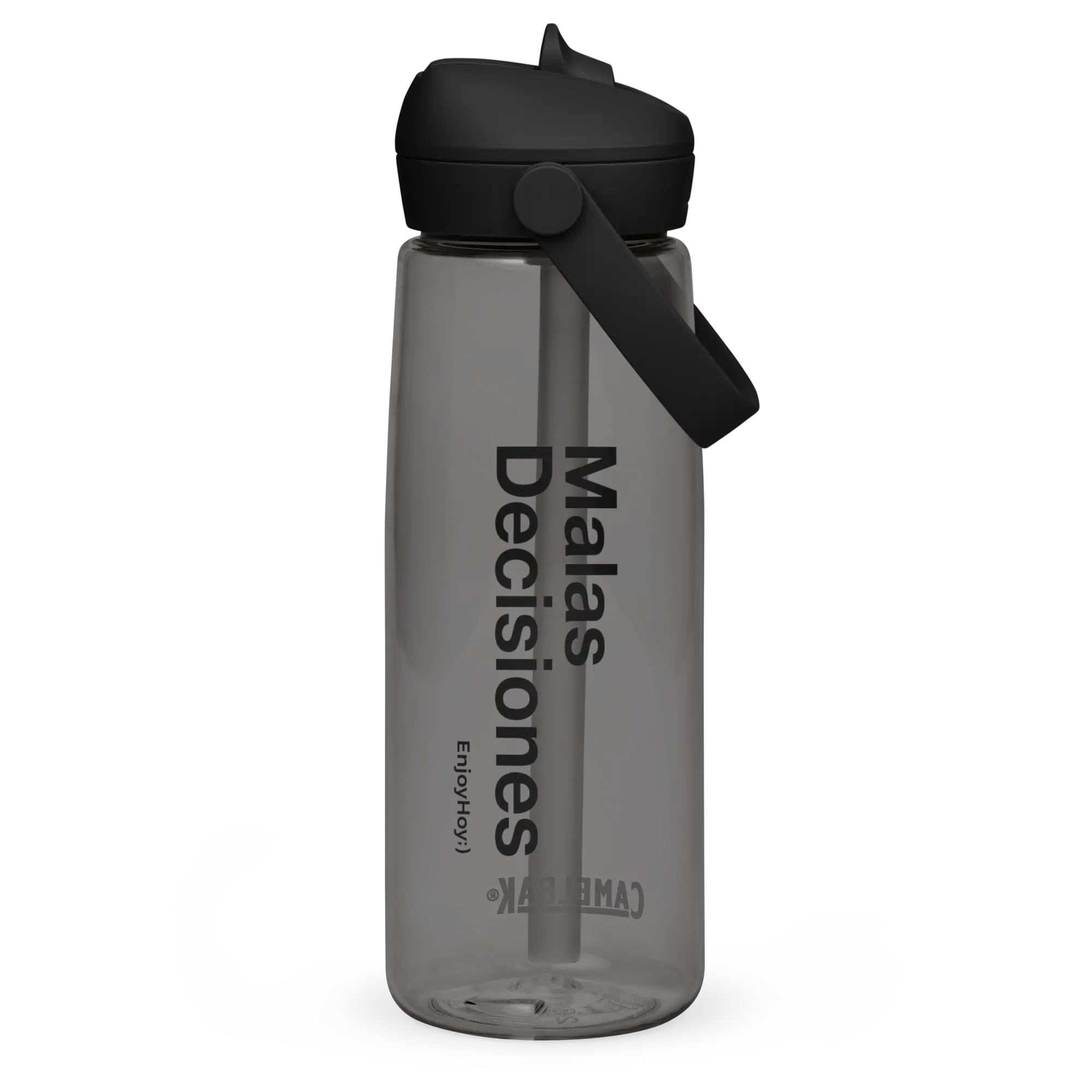 Botella de agua Malas Decisiones de frente mostrando el diseño impreso completo – EnjoyHoy;)
