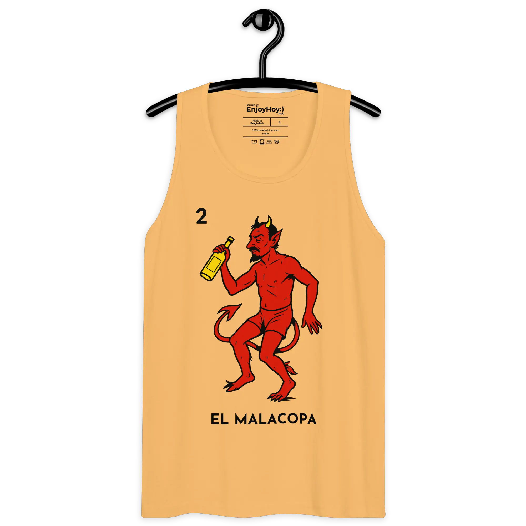 Camiseta de tirantes Malacopa con diseño impreso en negro, vista frontal sobre fondo neutro — EnjoyHoy