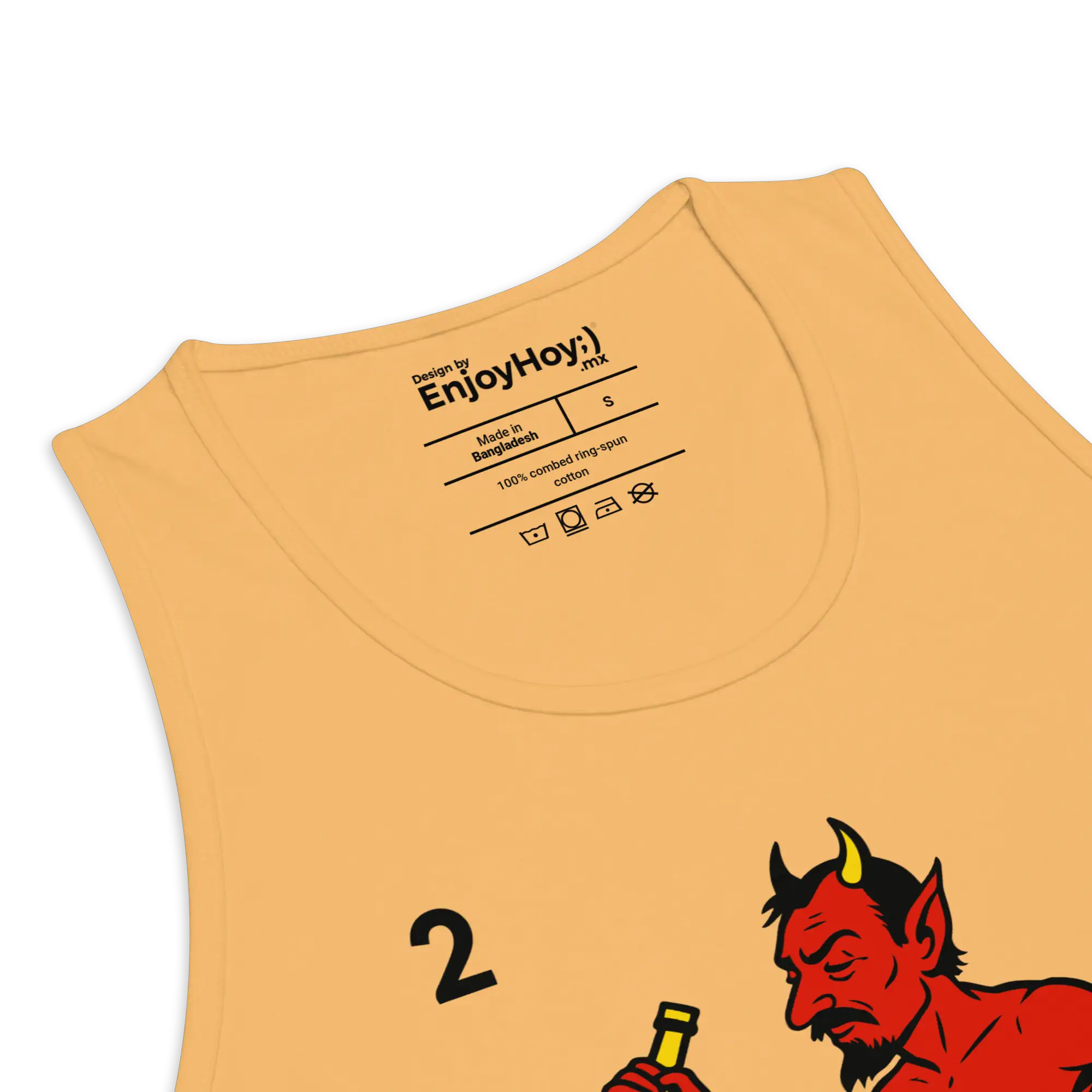 Camiseta tirantes Malacopa en uso, vista de perfil con diseño impreso visible — EnjoyHoy