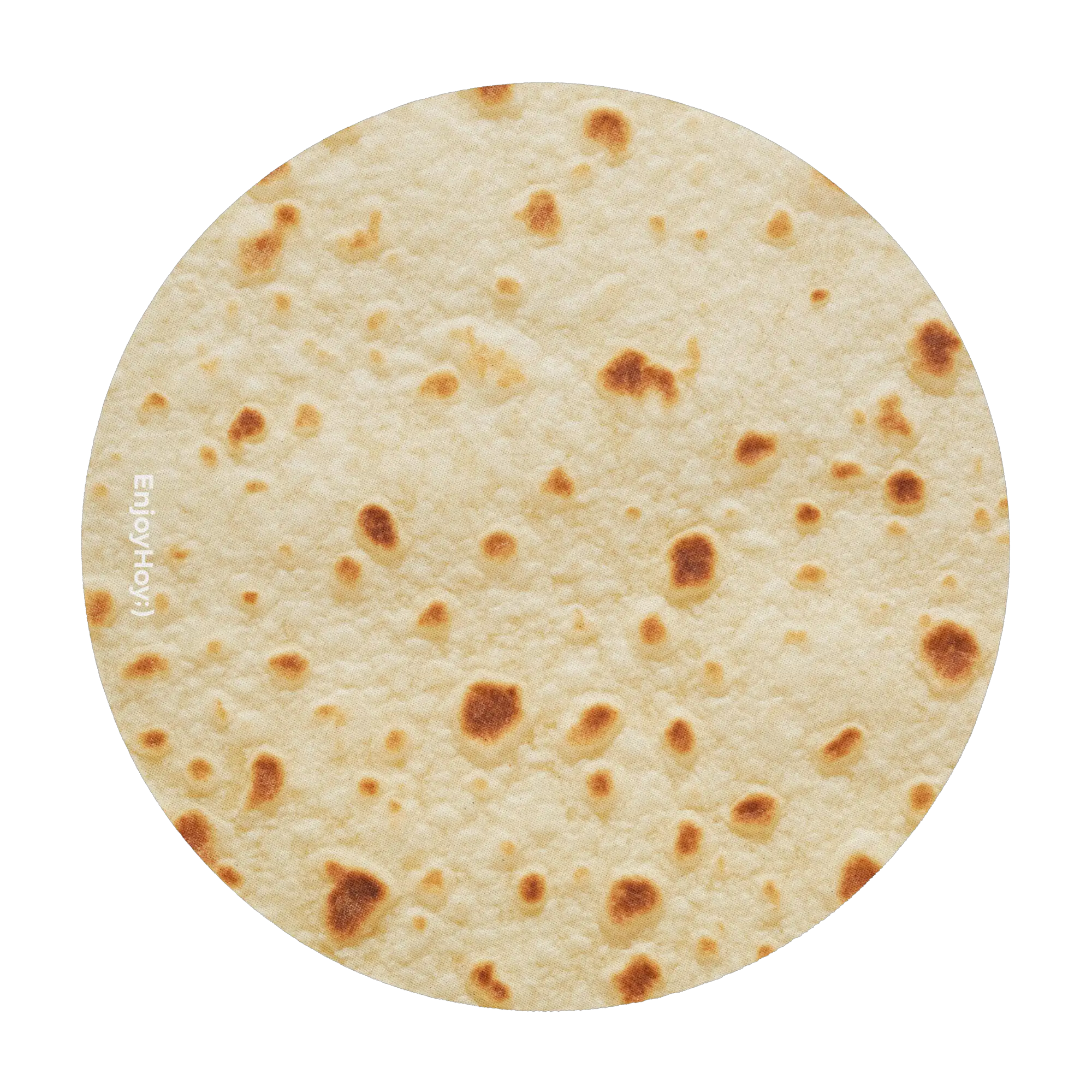 Mouse pad tortilla de harina redondo de neopreno con diseño impreso, vista frontal sobre fondo blanco