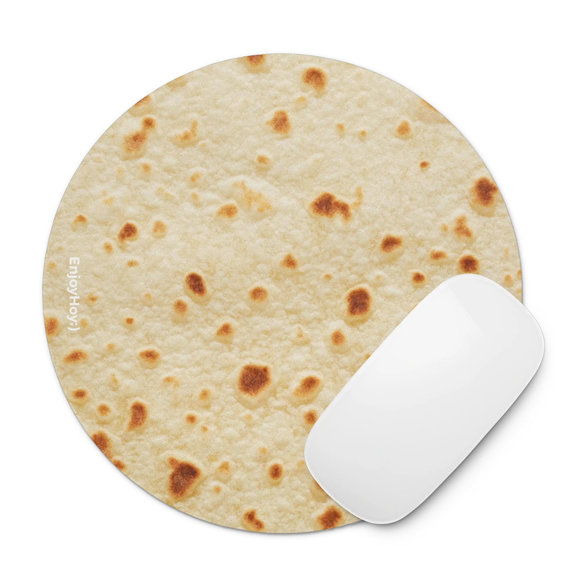 Detalle del diseño impreso del mouse pad tortilla de harina, mostrando textura y acabado circular de neopreno