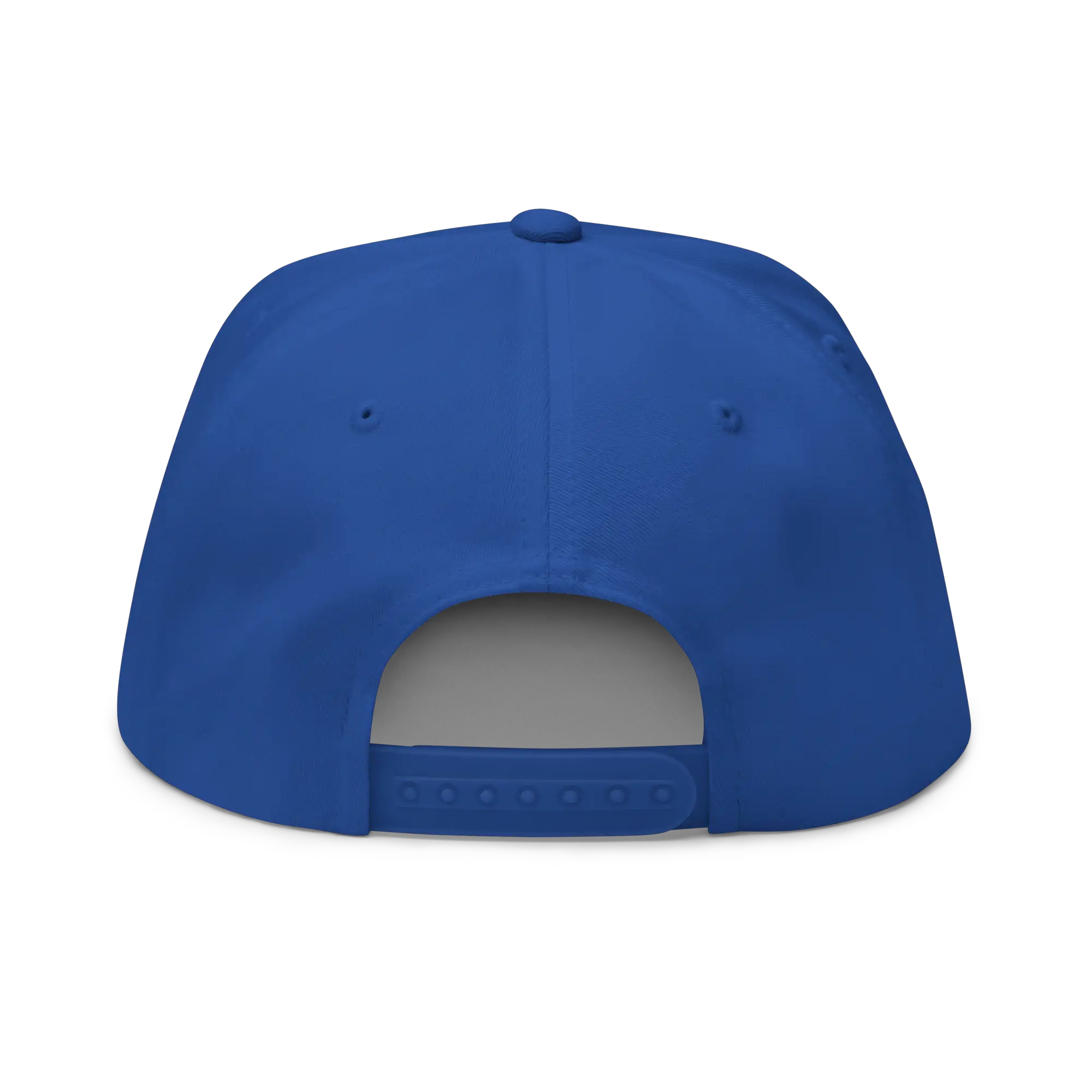 Gorra azul rey EnjoyHoy vista trasera, corona alta y visera plana snapback ajustable.