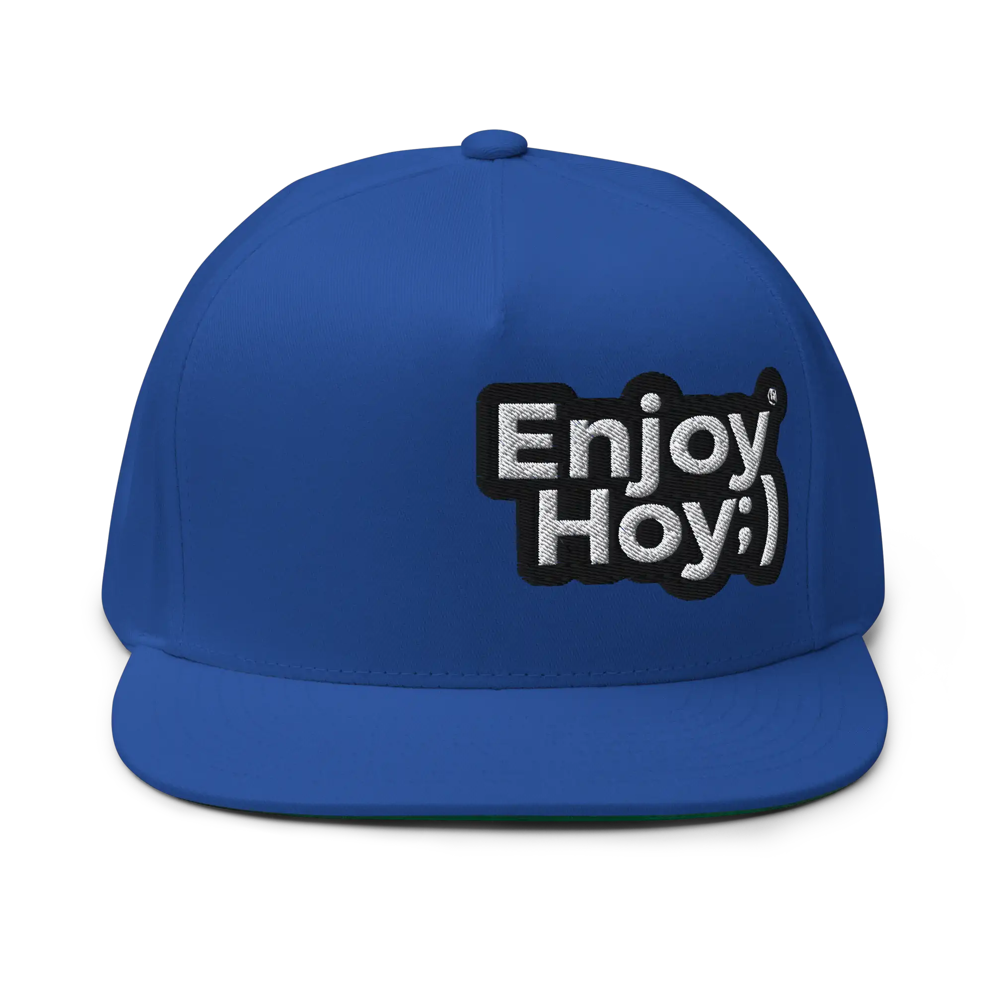 Gorra azul rey EnjoyHoy vista frontal, corona alta y visera plana snapback ajustable.