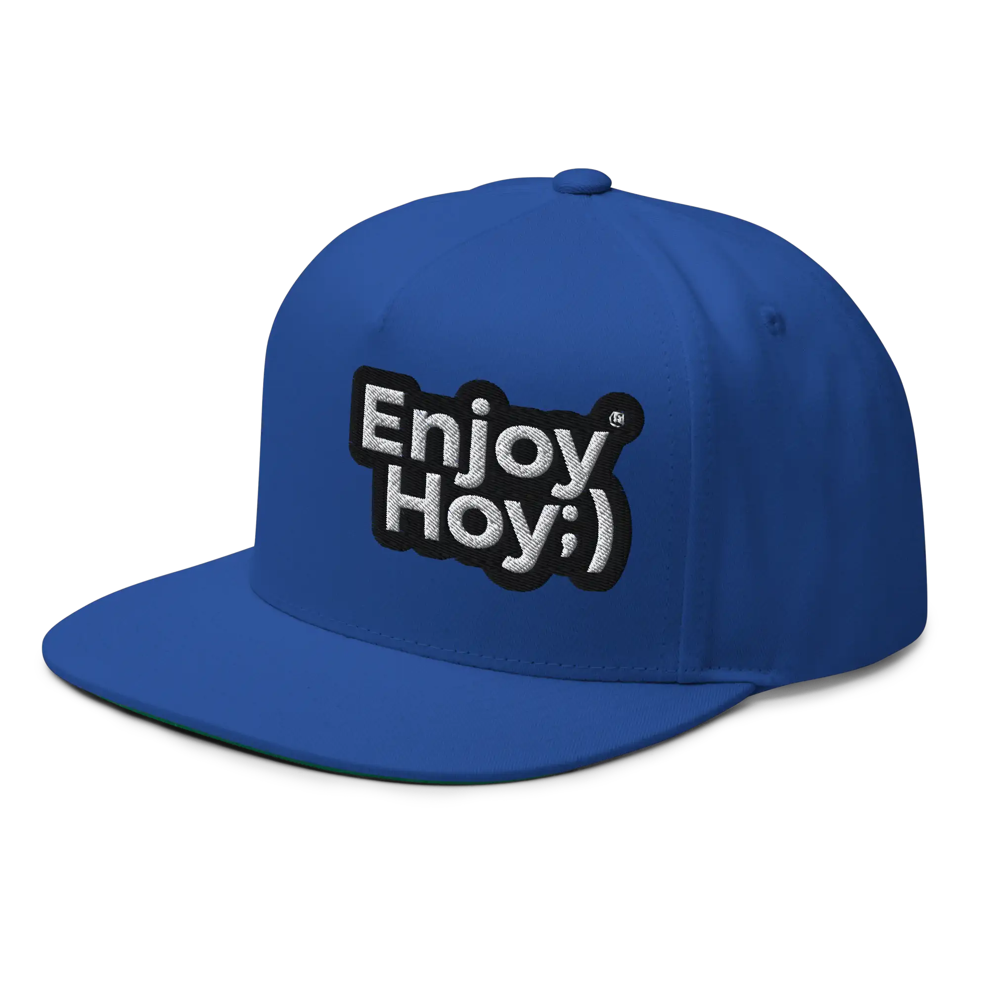 Gorra azul rey EnjoyHoy vista frontal, corona alta y visera plana snapback ajustable.