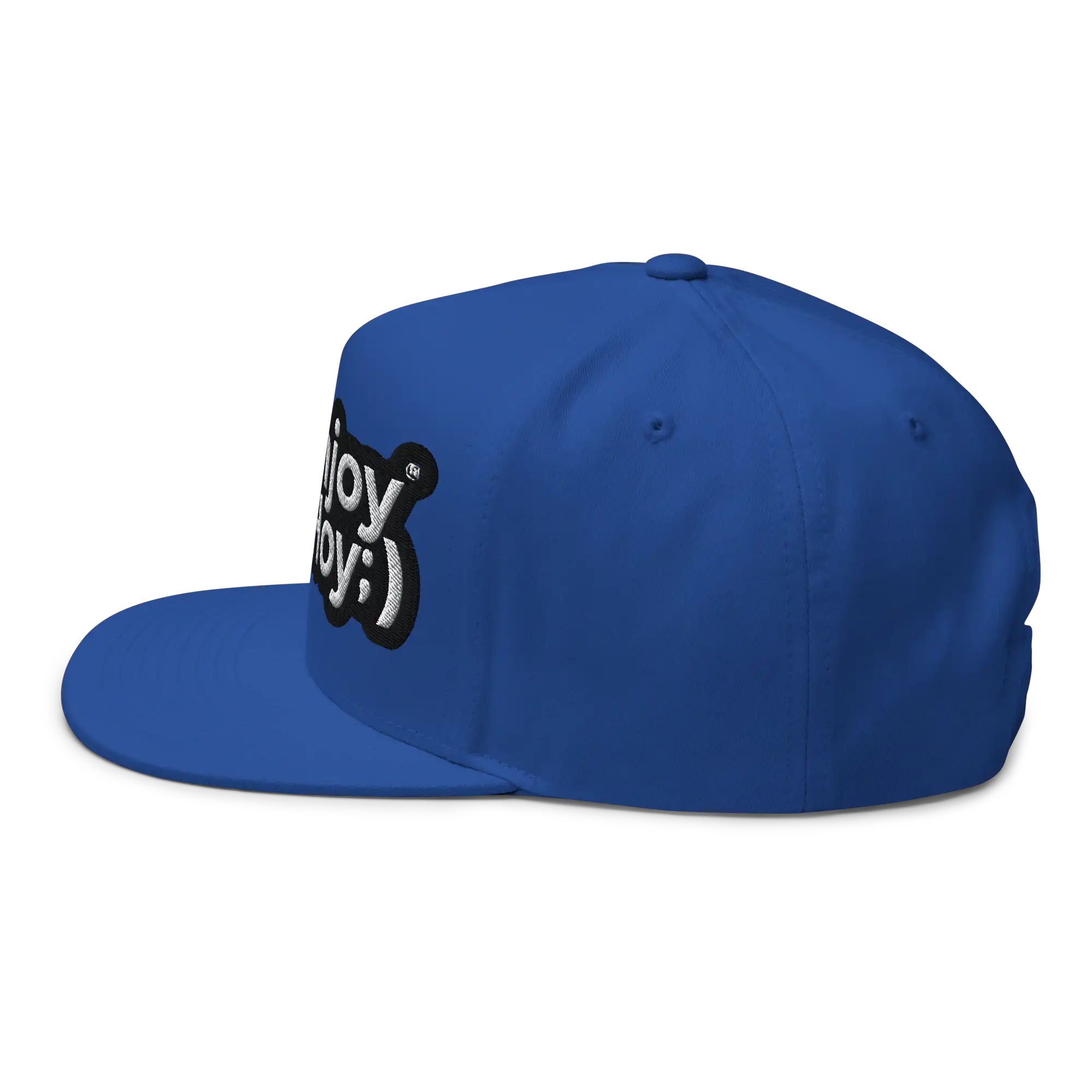 Gorra azul rey EnjoyHoy vista lateral, corona alta y visera plana snapback ajustable.
