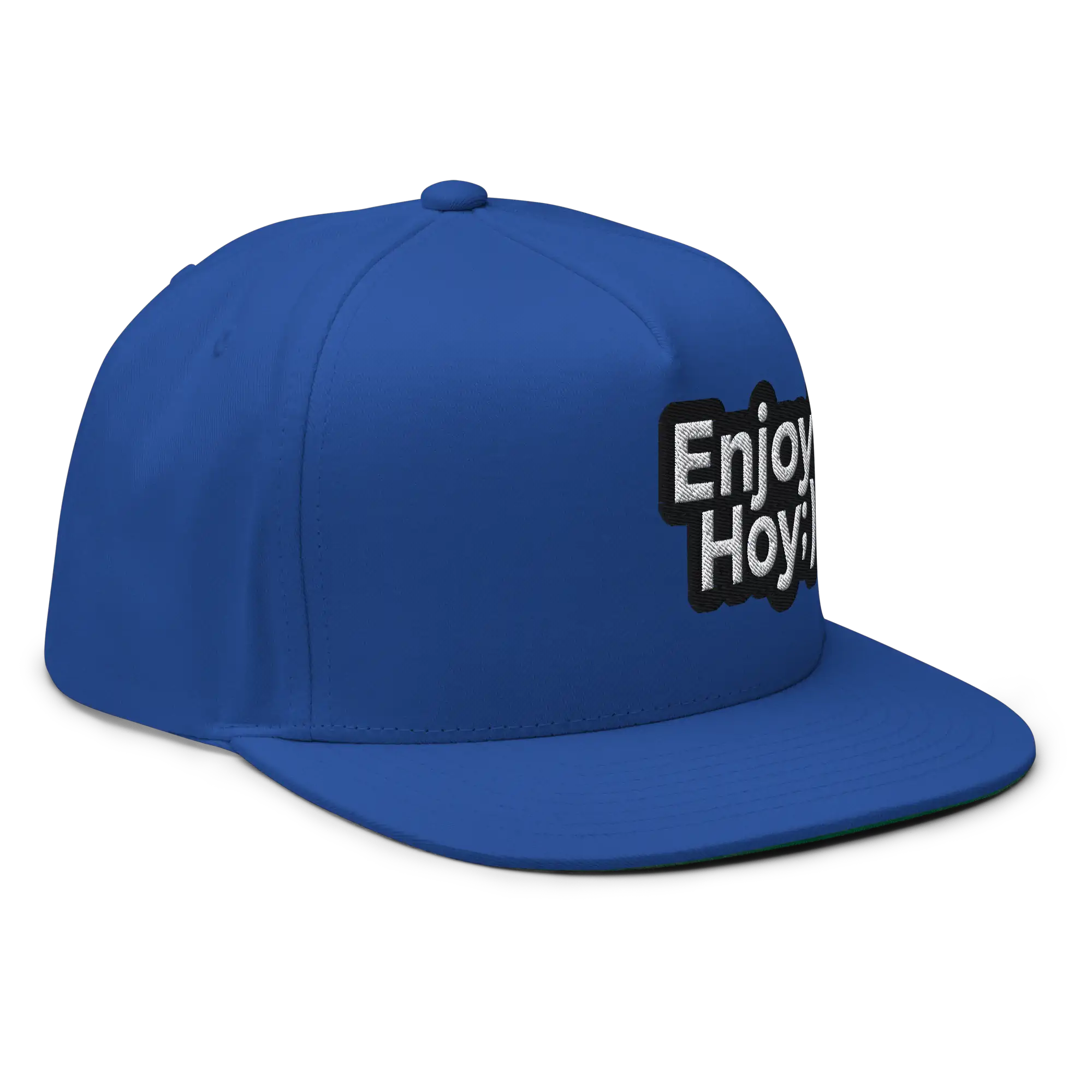 Gorra azul rey EnjoyHoy vista frontal, corona alta y visera plana snapback ajustable.