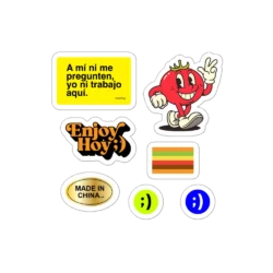 Imagen de diseños (mockup de los 7 stickers): Stickers antiburbujas EnjoyHoy: diseños de tomate, logo Enjoy Hoy;), Bandera del Orgullo Gordo, sello Made in China y caritas ;)