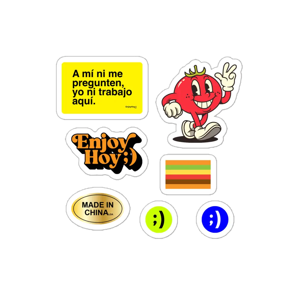 Imagen de diseños (mockup de los 7 stickers): Stickers antiburbujas EnjoyHoy: diseños de tomate, logo Enjoy Hoy;), Bandera del Orgullo Gordo, sello Made in China y caritas ;)