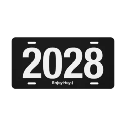Placa modelo 2028 en aluminio negro con letras blancas y logo EnjoyHoy;), vista frontal completa