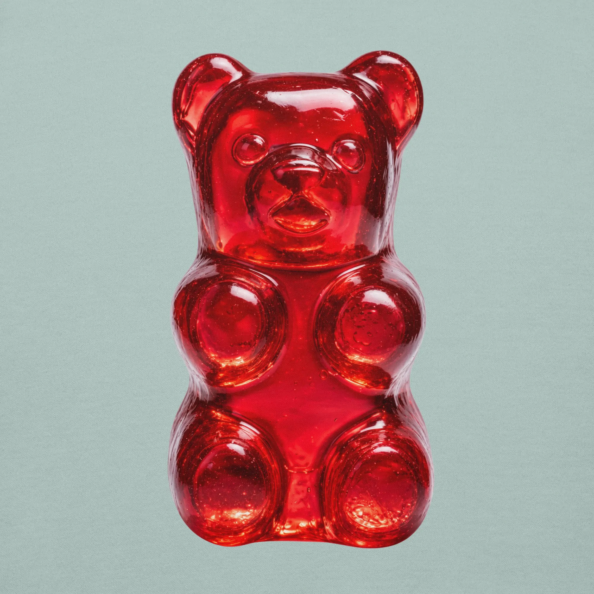 Osito de gomita rojo, brillante y translúcido sobre fondo verde agua, acercamiento al estampado
