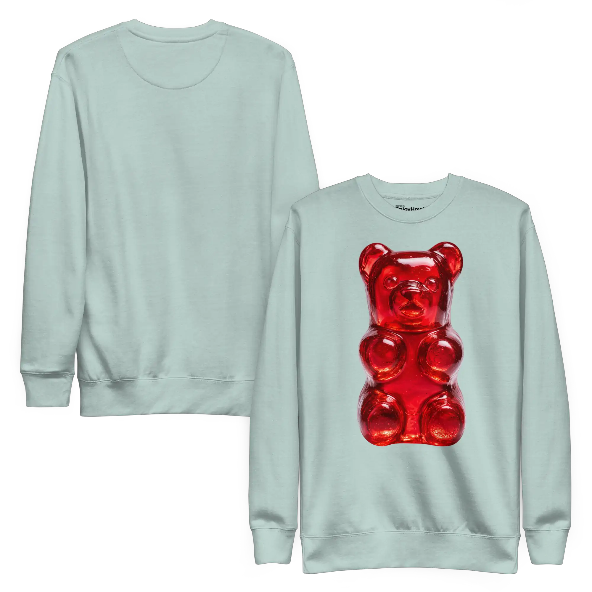 Sudadera verde agua extendida de frente y de espalda: osito de gomita rojo al frente y espalda lisa