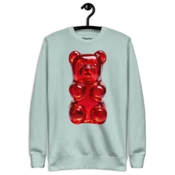 Sudadera osito de gomita Cherry Gummy Bear verde agua con osito rojo brillante estampado al frente, vista frontal – EnjoyHoy;)