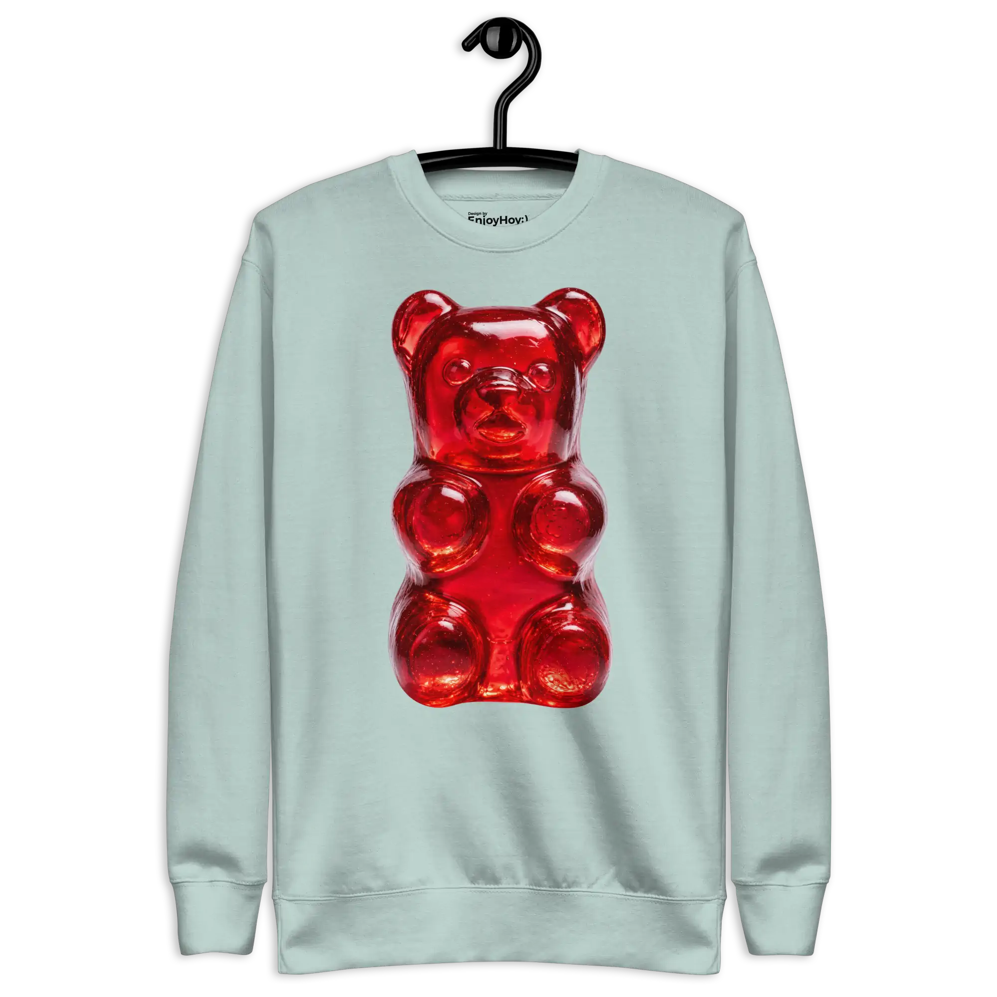 Sudadera osito de gomita Cherry Gummy Bear verde agua con osito rojo brillante estampado al frente, vista frontal – EnjoyHoy;)