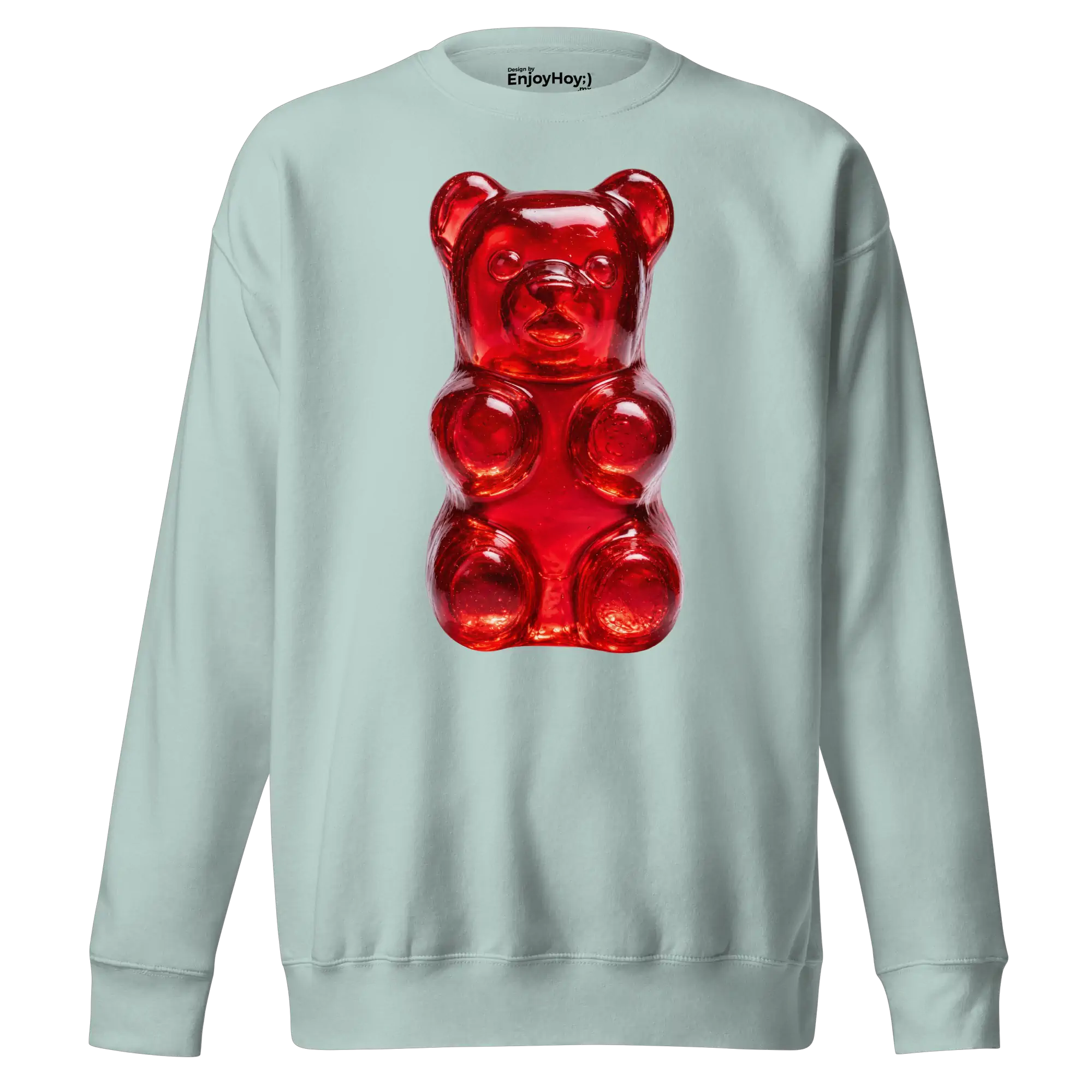 Sudadera verde agua extendida con mangas abiertas, osito rojo al centro y etiqueta en el cuello